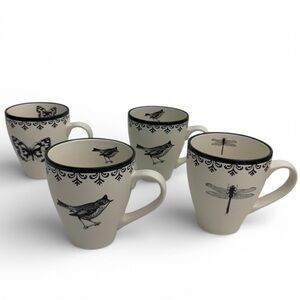 World Market French Letterpress Ceramic Mug Set Of 4 Butterfly, Bird, Dragonfly